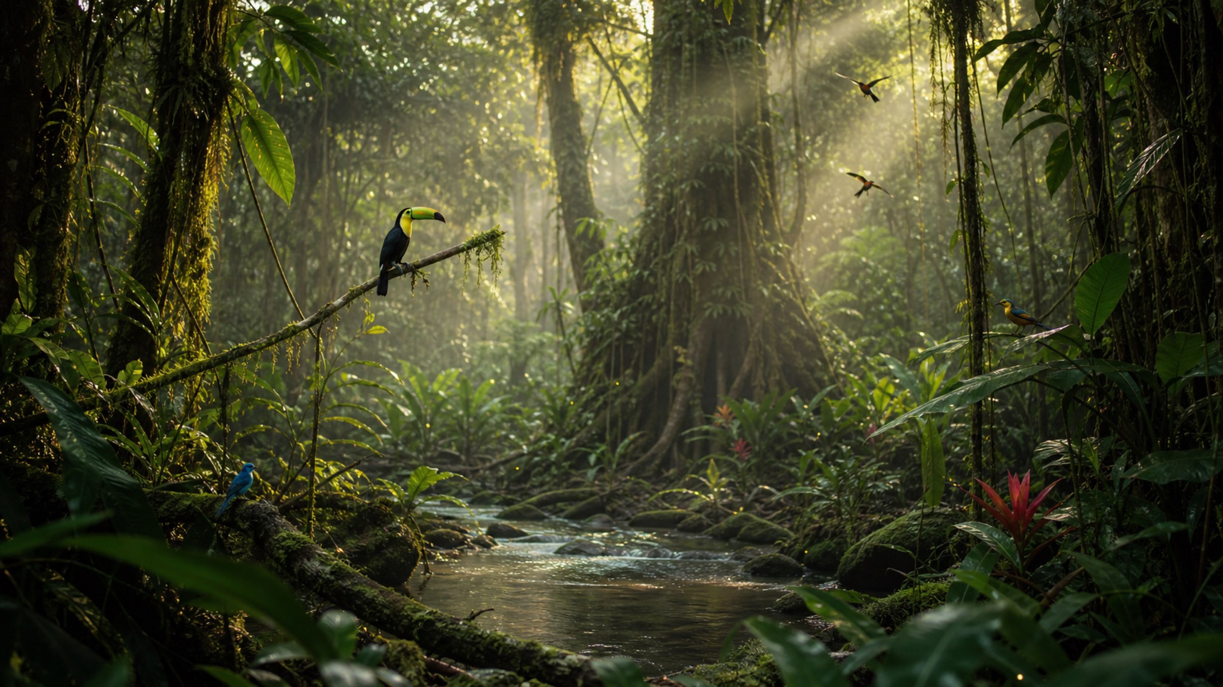Rendered tropical rainforest with a keel-billed toucan perched on a mossy branch above a forest stream, sunbeams cutting through the canopy and small bright birds among the leaves.